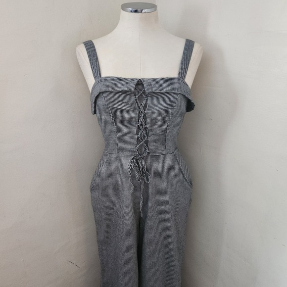 Aeropostale Pants - Aeropostale Womens XS Jumpsuit Gingham Black White Lace Up Corset Wide Leg